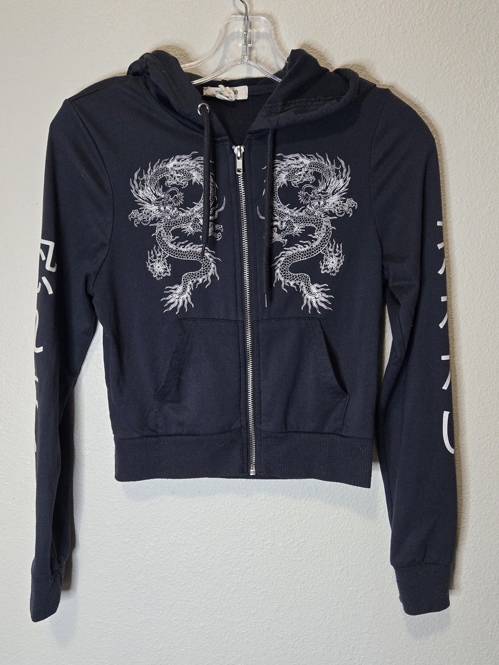 Refuge Y2K Black Twin Dragon Crop Zip-Up Hoodie